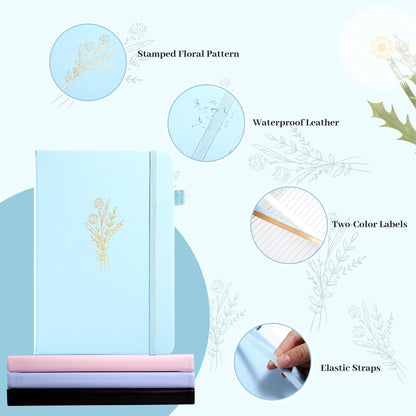 Lined Journal Notebook for Women Cute Leather Journaling Notebooks for Writing 192 Pages A5 Hardcover Aesthetic Floral Diary, 5.7 x 8.3 in, Blue
