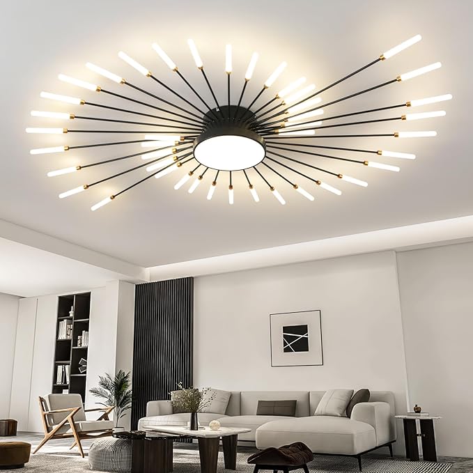 ziidoo Modern Ceiling Light, 42+1 Lights Metal Firework Designed Chic Led Lighting Fixture for Farmhouse Kitchen Dining Room Bedroom Hallway Living Room (Black)