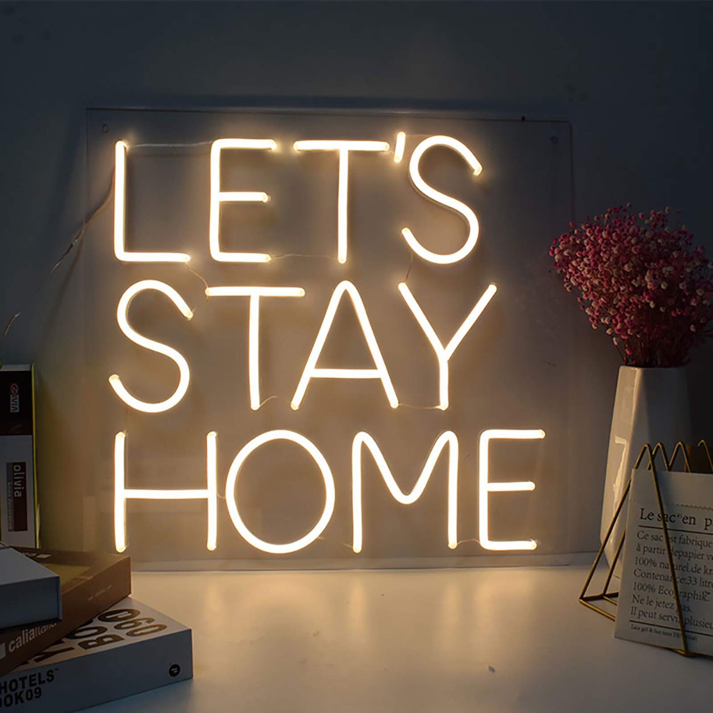Lets Stay Home Neon Signs-USB Acrylic Light Up Lights Signs for Room Bedroom Wall Indoor Decor Led Neon Light Sign 14.9×14.1 IN Bar Christmas Party Wedding Kid Girl boy Living Room Lounge Office White