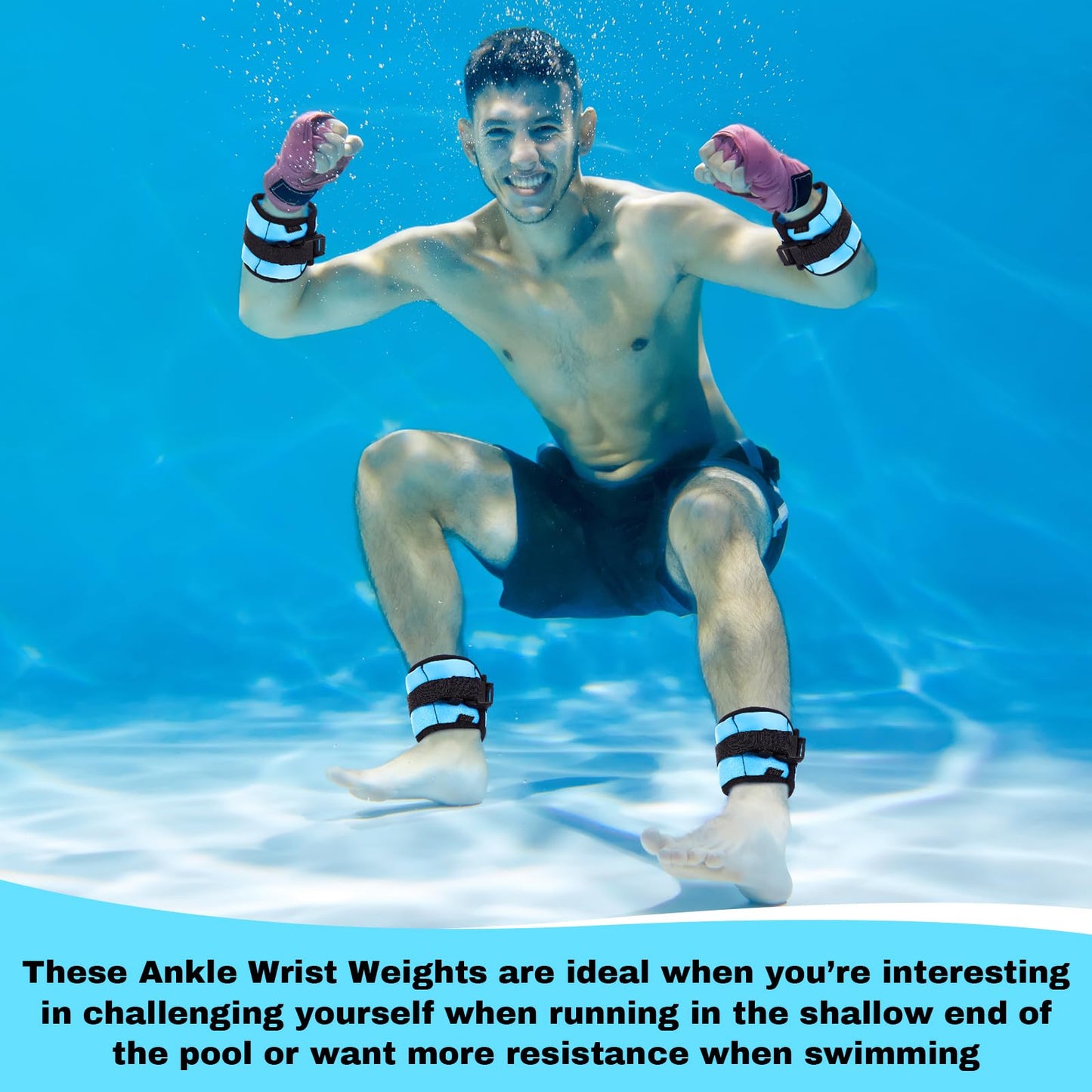 Hollowfly 2 Pairs Ankle Wrist Weights for Land or Aquatic Exercise Aqua Cuffs Aqua Aerobics Fitness Bands for Ankle and Wrist Adjustable Weights for Swimming Pool Workout Equipment(Blue,1lb)