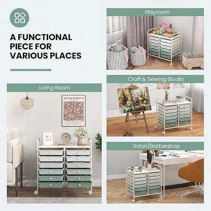 Giantex 12 Drawers Rolling Cart, Mobile Storage Drawer Cart, Classroom Organizer Cart for Office School Supplies Tools Scrapbook Paper Craft Small Printer, Utility Cart on Wheels, Green Gradient