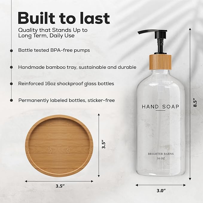 Glass Hand Soap Dispenser Bathroom Set by Brighter Barns - Hand Soap Dispenser for Kitchen Sink & Bathroom - Refillable Pump Bottle Set - Neutral Home Decor for Airbnb, Vacation Rental, Hotel (Clear)