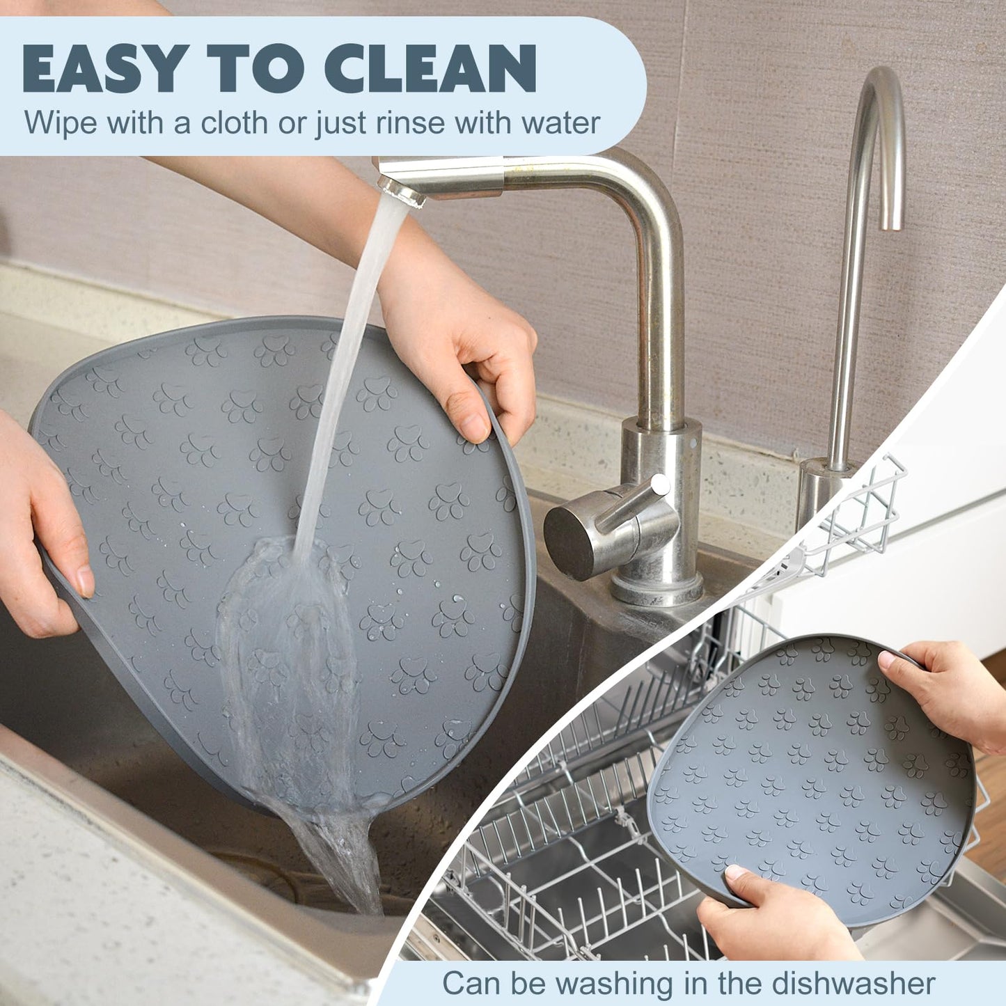 SUNLAND Silicone Dog Food Mat, Pet Feeding Mat for Food and Water, Waterproof Non-Slip Cat Feeding Bowl Mat with Raised Edge, Prevents Residue from Spilling onto The Floor Grey