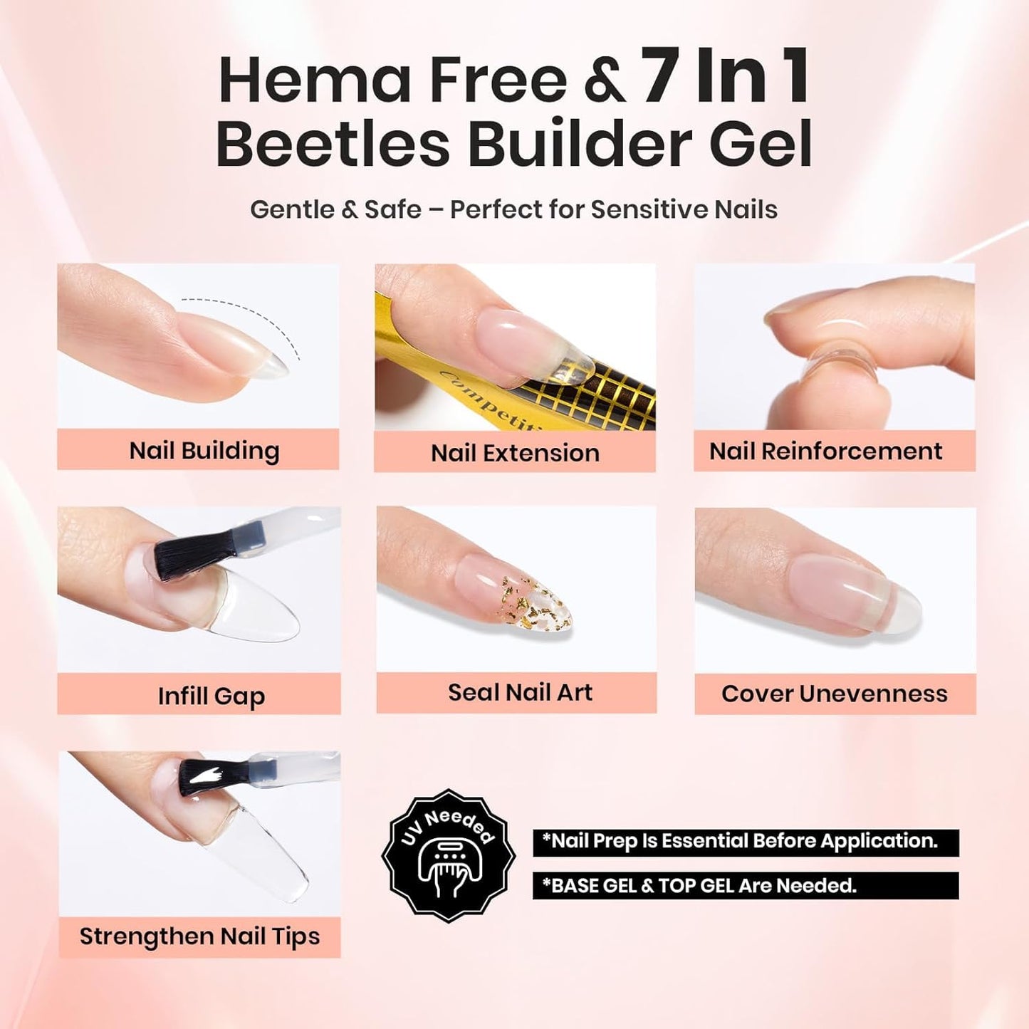 Beetles Builder Gel Set,3 Pcs 8 in 1 Nail Strengthening Apex Building Extension for Beginner DIY Salon at Home,Clear Builder Nail for Nails with Base and Top Coat Gel,UV & LED Lamp Needed