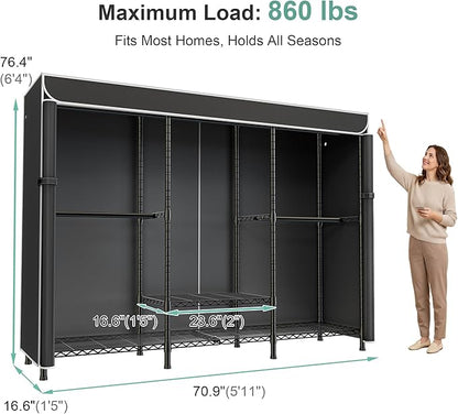 SEMHOR K01C Heavy Duty Clothes Rack with Cover, Freestanding Portable Closet System with Shelves, Adjustable Carbon Steel Garment Rack, Black Clothing Racks for Hanging Clothes, 860LBS Max Load