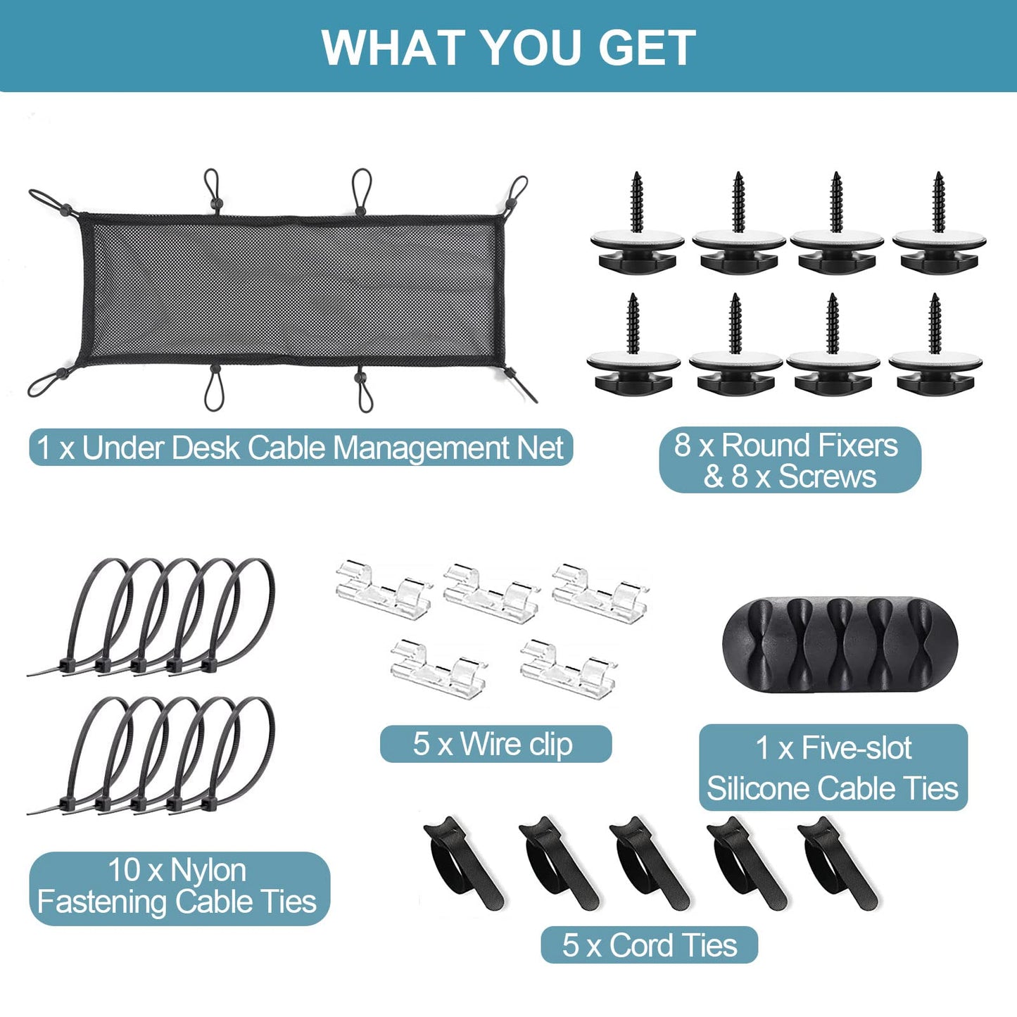 Under Desk Cable Management Net, 36PCS Under Table Cord Management Mesh Organizer Flexible Wire Hiders, Extra Large Capacity Wire Management Kit Under Desk, Fits Most Tables