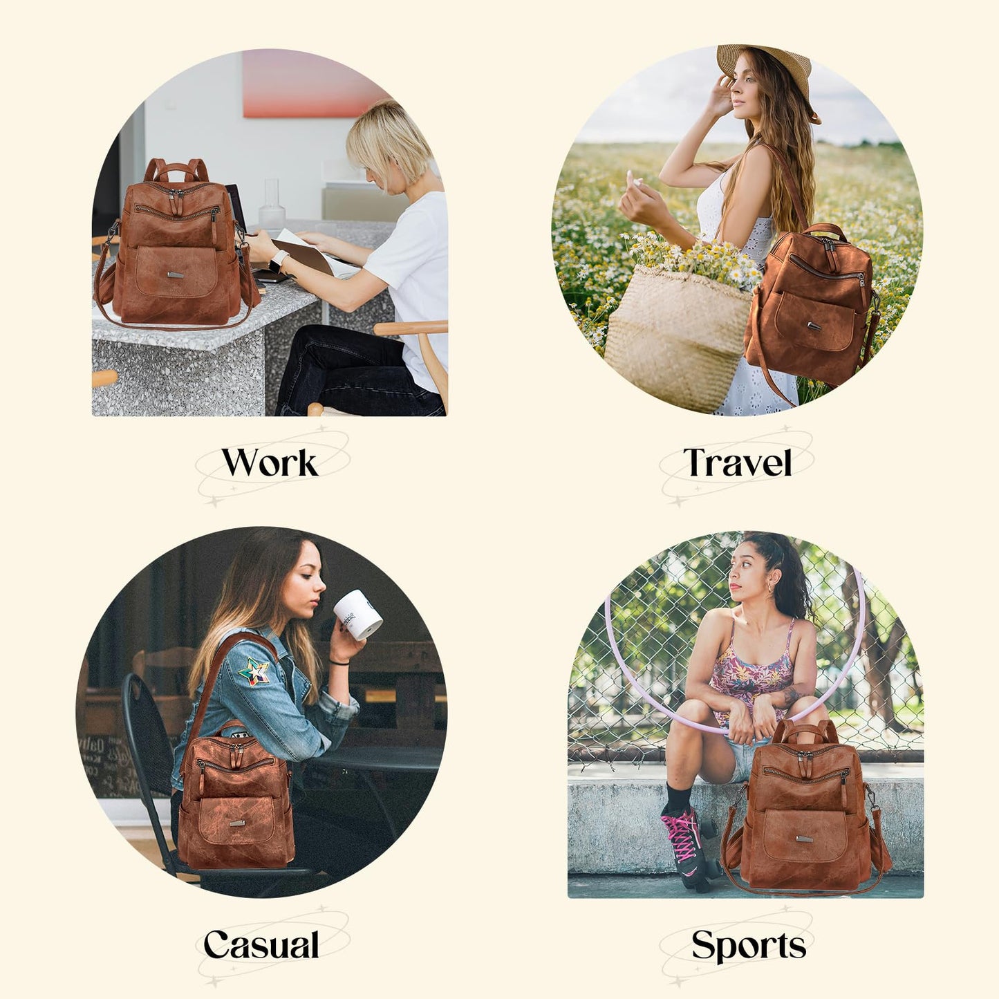 ROOSALANCE Backpack Purse for Women, Women Backpack Purse Small Leather Waterproof Anti-theft Shoulder Bags Handbags, Fashion Ladies Backpack for Daily Travel Work (Caramel)