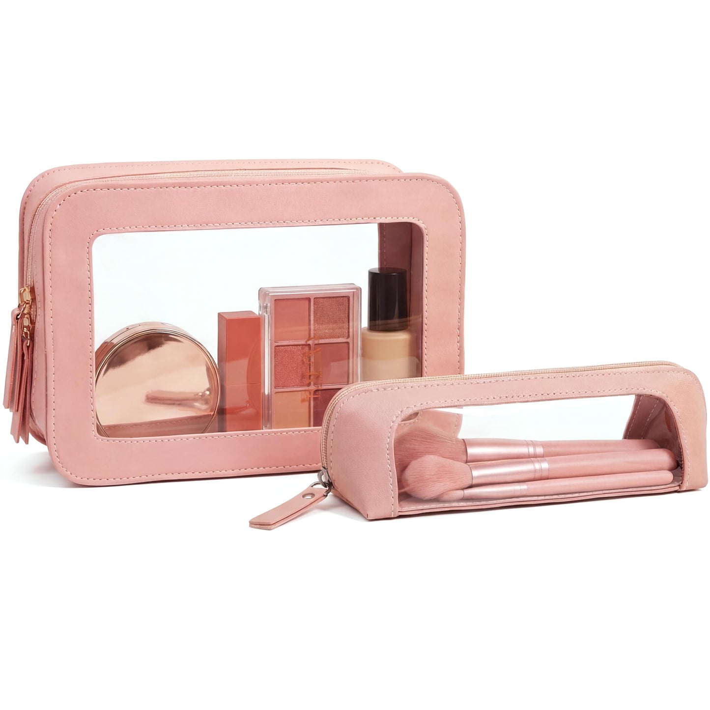 LETGO Clear Travel Makeup Brush Bag, Leather Portable Makeup Brush Bag Organizer Pouch Lipstick Bag Transparent Waterproof Makeup Bag Car Orangizer Storage Bag for Women (Dual Pink)