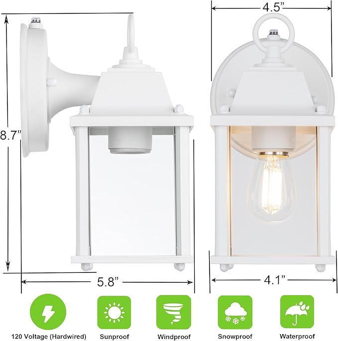 LIT-PaTH Dusk to Dawn Outdoor Wall Lantern, Wall Sconce Waterproof Porch Lighting Fixture, E26 Base, Aluminum Housing with Glass Shade, 1-Pack, White