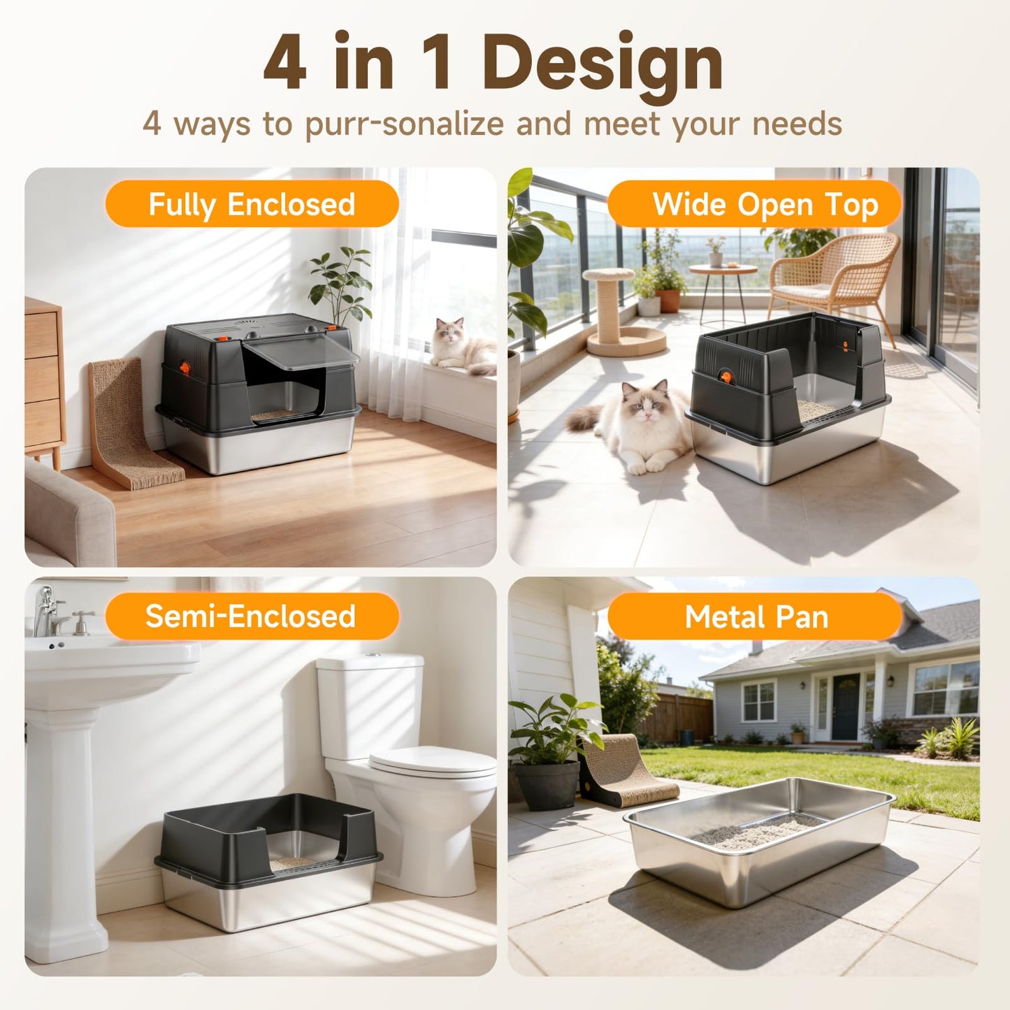KISENG Stainless Steel Litter Box with Lid, High Sided Enclosed Metal Litter Box for Big Cats, Easy Cleaning Anti-Urine Leakage, Non-Sticky Cat Box, Front Entry Top Exit KittyBox, Includes Mat & Scoop