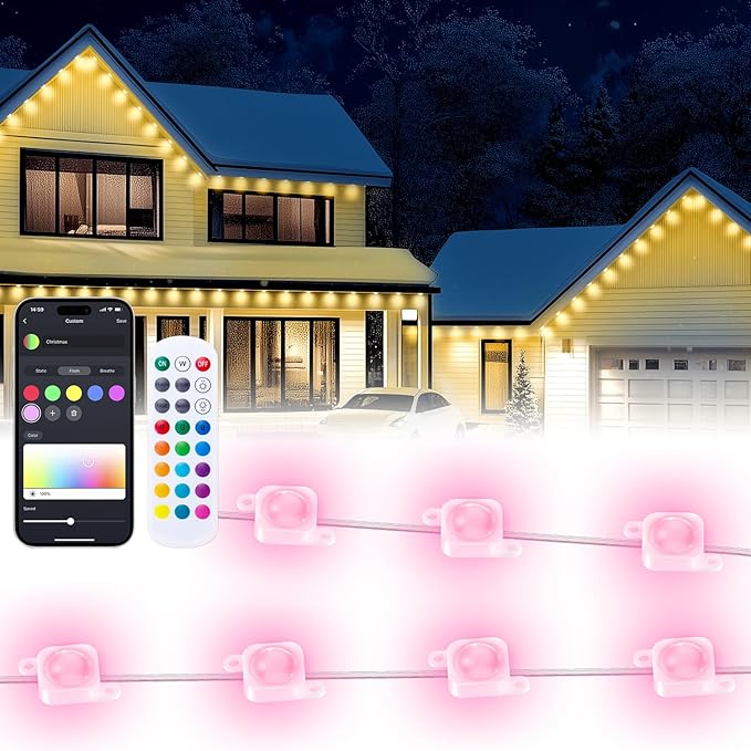 50FT Permanent Outdoor Lights, Smart RGB LED Lights Outside with DIY Colors Scene Modes, 25LED IP67 Waterproof Eaves Lights for Christmas Halloween Holiday Party Garden Daily Decorations