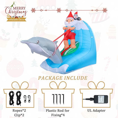 MUMTOP 7.55FT Long Christmas Inflatables Outdoor Decorations, Inflatables Surfing Santa Claus with Penguin Dolphin Blow up Christmas Yard Decoration Built-in LED Lights for Outdoor Party Holiday Decor