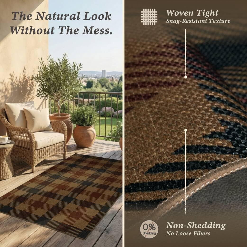 5x7 Farmhouse Mudroom Rug – Washable Non Slip Large Entryway Area Rug for Back Door, Garage Entrance, Durable Indoor Outdoor Style Plaid Rug for Kitchen Dining Room, Dark Brown