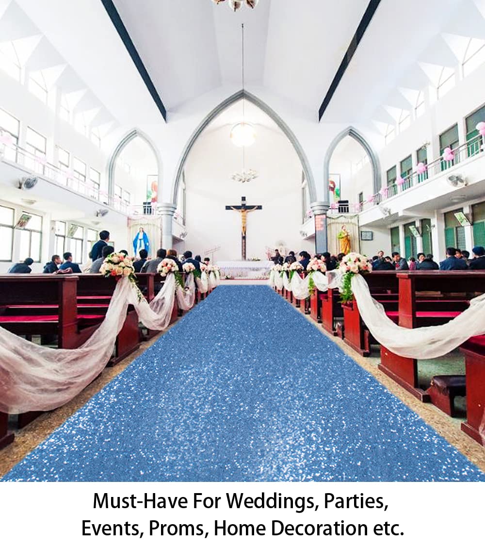 ShiDianYi Blue Aisle Runner for Wedding 15FTx2FT Modern Baby Blue Glitter/Sequin Mesh Fabric with Sequins Wedding Rug Runner