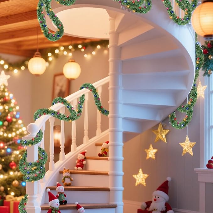 WATERGLIDE Lighted Christmas Green Garland 15FT, with Multicolor String Lights, Pre-lit Artificial Greenery Garlands, Plug in & Connectable Xmas Lights for Indoor Outdoor Holiday Party Decor