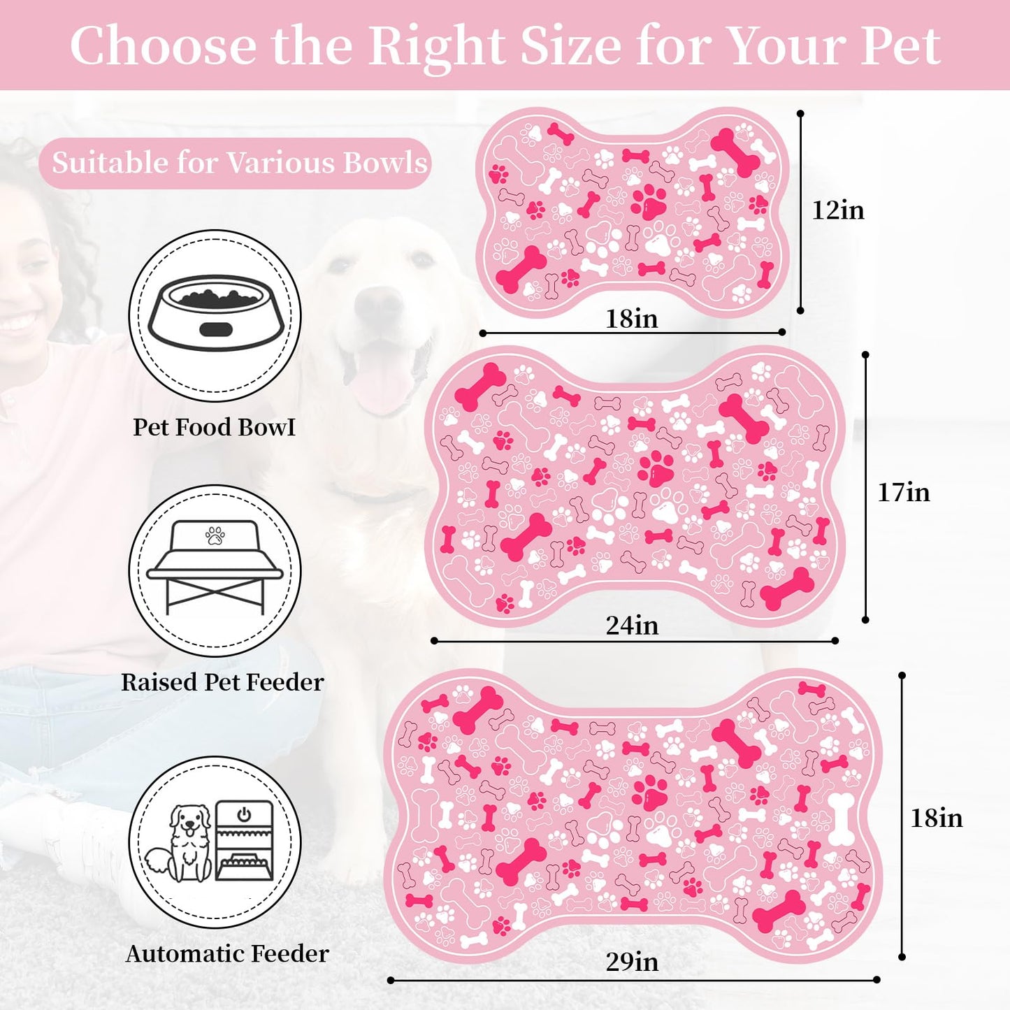 Dog & Cat Food Mat Bone Shaped Pet Feeding Mat Quick Absorb Water Bowl Placemat with Rubber Backing Indoor Floor Stain Resistant Pet Accessory Supplies (Light Pink Small, 12x18 Inches)