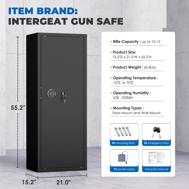 INTERGREAT 20 Rifle Gun Safe, Keypad Gun Safe for 10-16 Rifles and 4 Pistol Storage Pockets, 21" W Gun Safes & Cabinets with 3 Removable Gun Racks for Home, Black