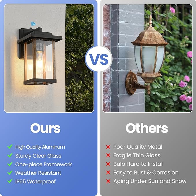Outdoor Wall Sconce, Outside Porch Light Fixtures, Dusk to Dawn Wall Mount Anti-Rust Exterior Wall Lights in Wood Grain & Black Finish with Clear Glass