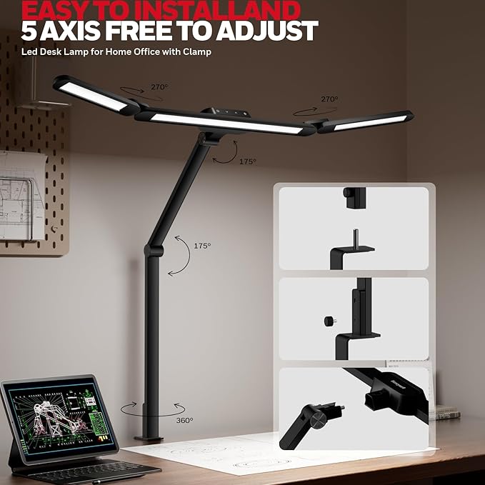 Honeywell LED Desk Lamp with Clamp, HJ3 Sunturalux Architect Desk Lamp for Home Office, Eye-Caring Computer Desk Light 22W 4 Color Modes Clip on Light Stepless Dimming Task Lamp for Working Workbench