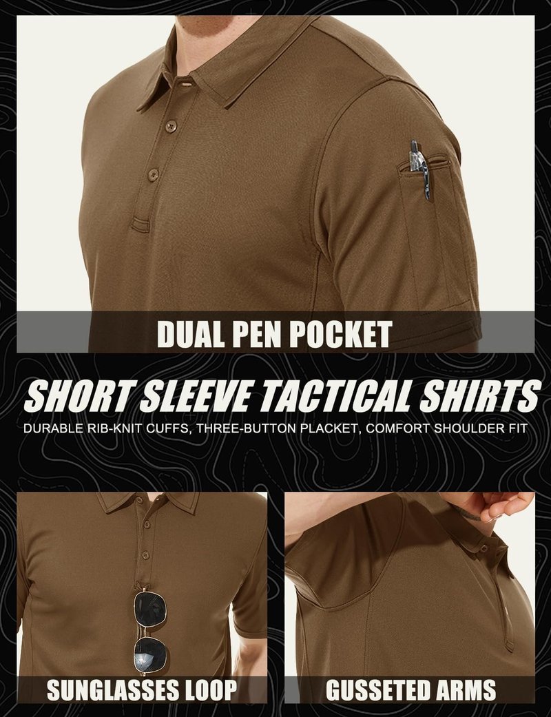 MAGCOMSEN Mens Polo Shirts Short Sleeve Golf Work Casual Quick Dry Breathable Summer Shirt Brown L