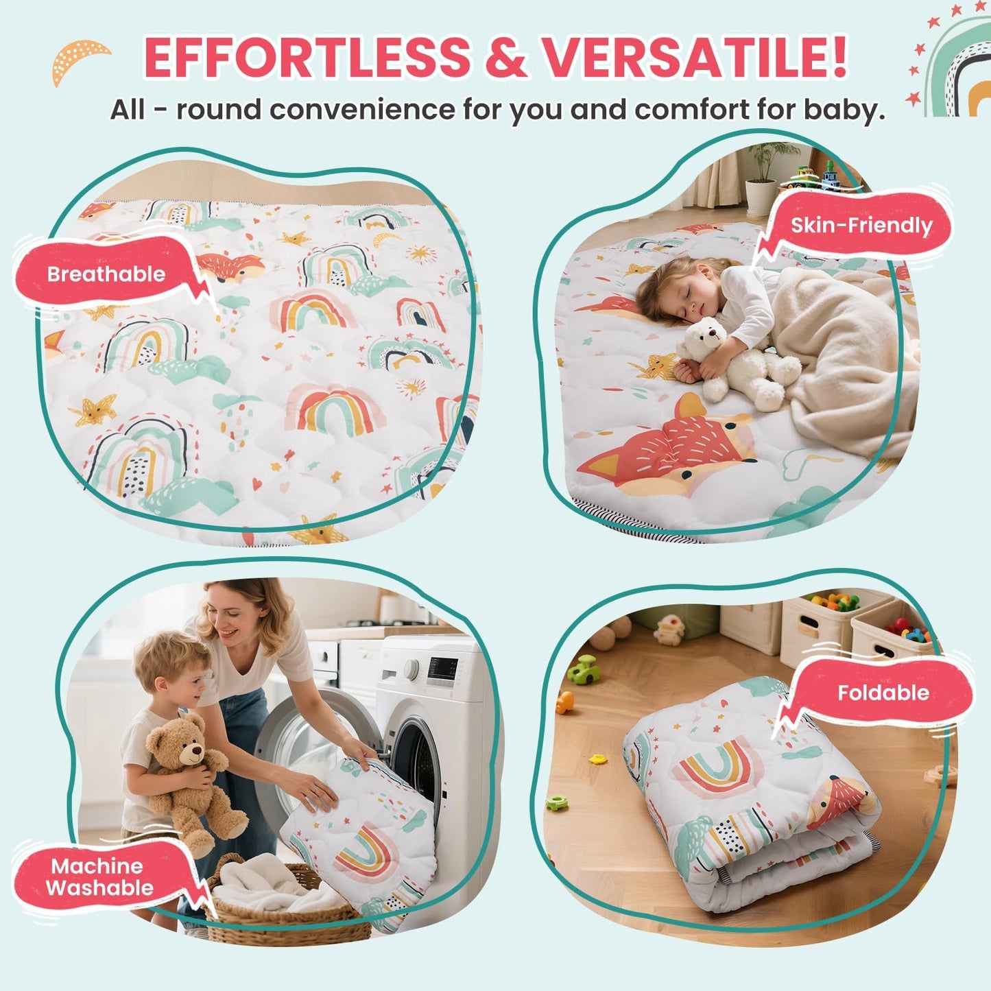 Duwenem Baby Play Mat for Floor,50x50 Inch Soft Padding Crawling Mat for Playpen, Foldable and Machine Washable, Thick for Babies & Toddlers,Rainbow Fox