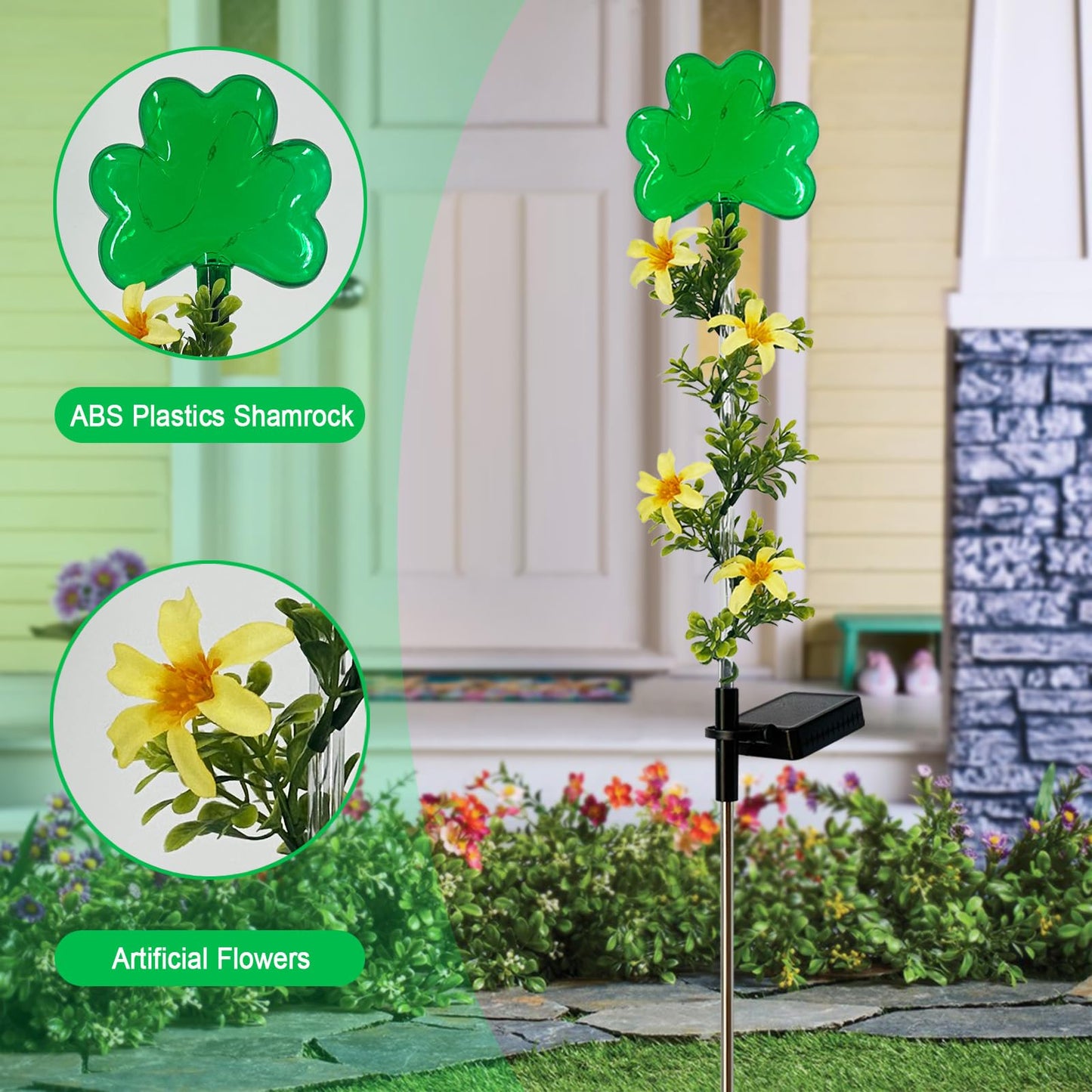 Hokfirm ST Patrick's Day Decorations Outdoor,2 Pack Shamrock Solar Lights Outdoor,Solar Powered Green Fairy Lights Holiday Decorations for Yard,Lawn,Garden Stkae