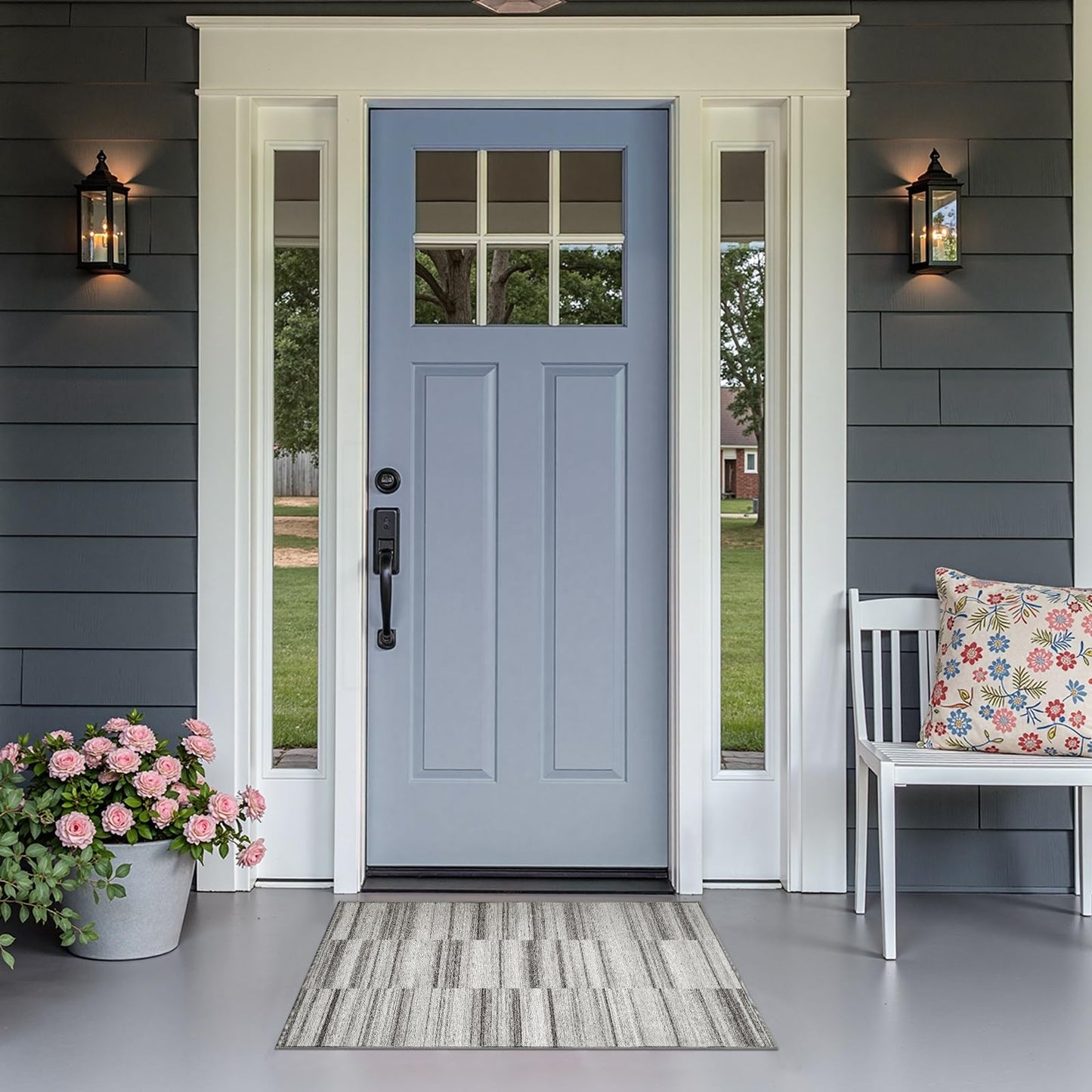jinchan Modern Entryway Rug 2x3 Ultra-Thin Washable Rug Non Slip Grey Doormat Indoor Abstract Small Geometric Striped Lightweight Throw Carpet for Bedroom Bathroom Kitchen, Gray