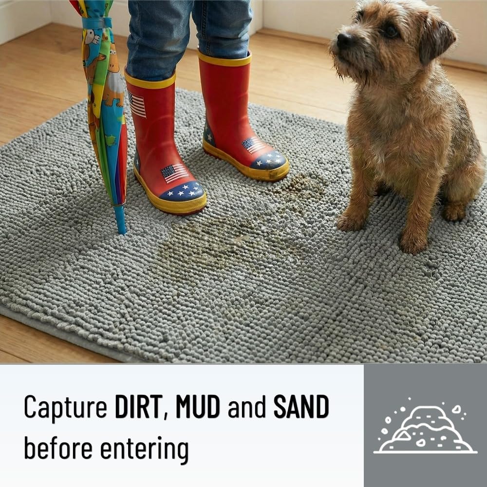 Miss Mila®| Dog Door Mat for Muddy Paw, Super Absorbent Chenille Pet Rug for Indoor Entryway, Non-Slip Washable Dirt Trapping Mats for Dogs & Cats, 24"x36" Grey