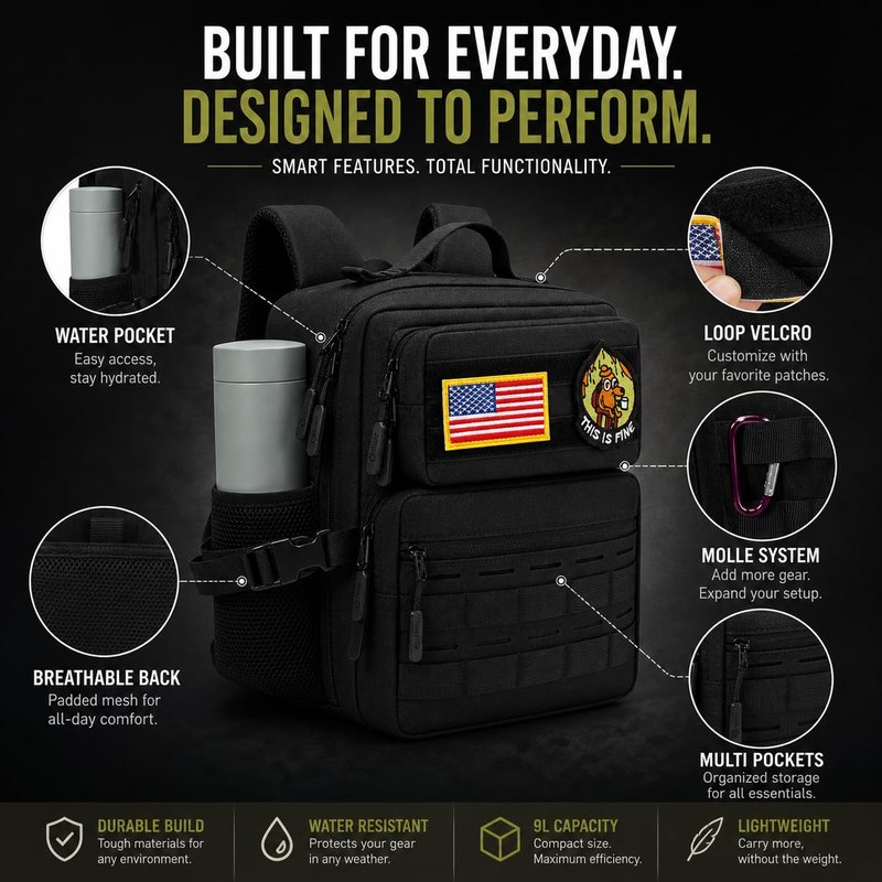 flipfit 9L Mini Tactical Backpack Small Military Gym Bag for Men Women Molle Daypack Camping Backpack with Patch (Black)