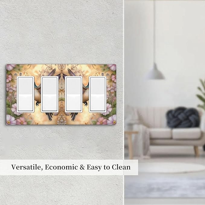 Decorative Art Light Switch Covers Blossom & Hummingbird 4 Gang Rocker Decora Outlet Covers Electrical Faceplate GFCI Wall Plate for Home Decor
