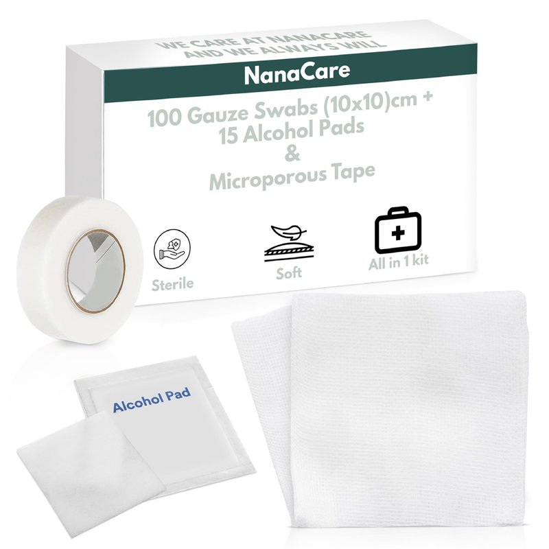 100pc Sterile 4x4 Non-Stick Gauze Pads with Adhesive Medical Tape & 15 Alcohol Wipes – Hypoallergenic Highly Absorbent Non-Adherent Dressing Sponges for Effective Wound Care and First Aid Supplies
