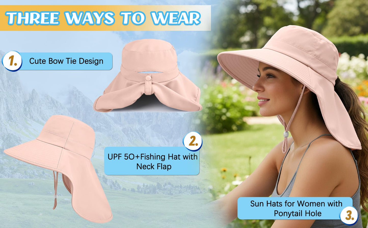Sun Hat for Women with Neck Flap Ponytail Hole Women Sun Hat Rollable UV Protection Fishing Hat Wide Brim UPF 50+(Pink)