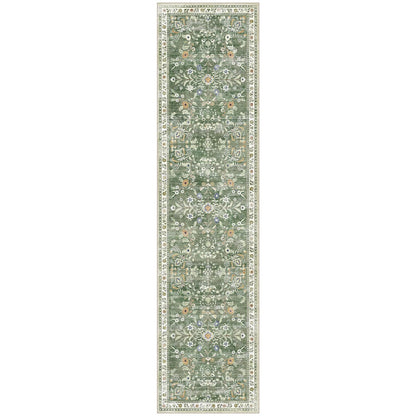Yamaziot Washable Runner Rug 2x8 – Non Slip Boho Floral Hallway Runner Rug with Rubber Backing, Low Pile Wool Distressed Carpet for Kitchen, Laundry, Bedroom, Entrance, Mottled Green