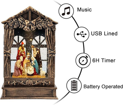 Three Kings Three Saints Window Christmas Snow Globe Swirling Glittering Nativity Figurines Manger Scene, USB Lined/Battery Operated Lighted Water Lantern for Christmas Festival Decoration Gifts