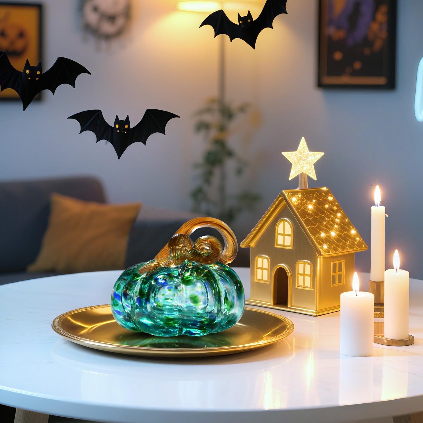 AOFEGRLT 3" Large Blown Glass Pumpkin Figurine Collectible Thanksgiving Fall Harvest Pumpkin Crystal Glass Paperweight Decorations for Home(Green)