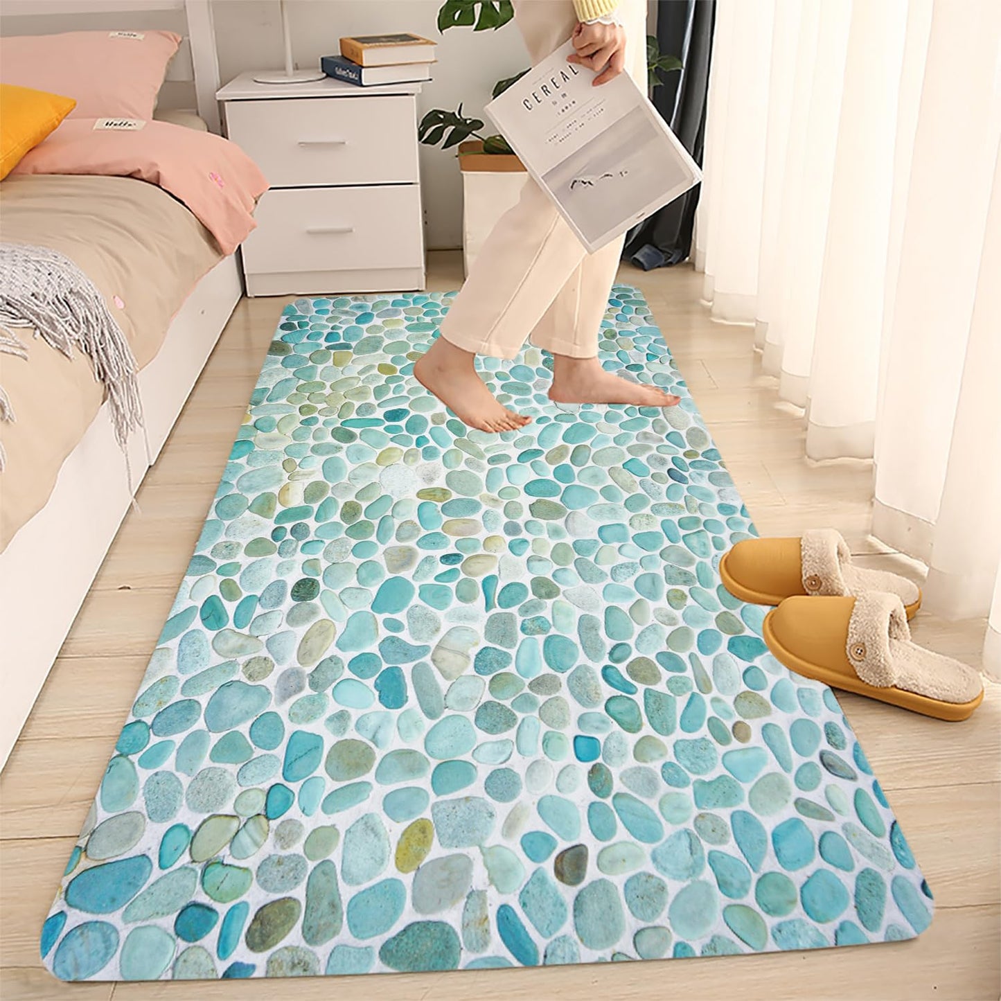 LYFANS Pebble Stone Memory Foam Bath Mat, Non-Slip Absorbent Flannel Bathroom Rug, Soft Quick Dry Shower Floor Mat for Tub, Kitchen, Bedroom (18"x47")