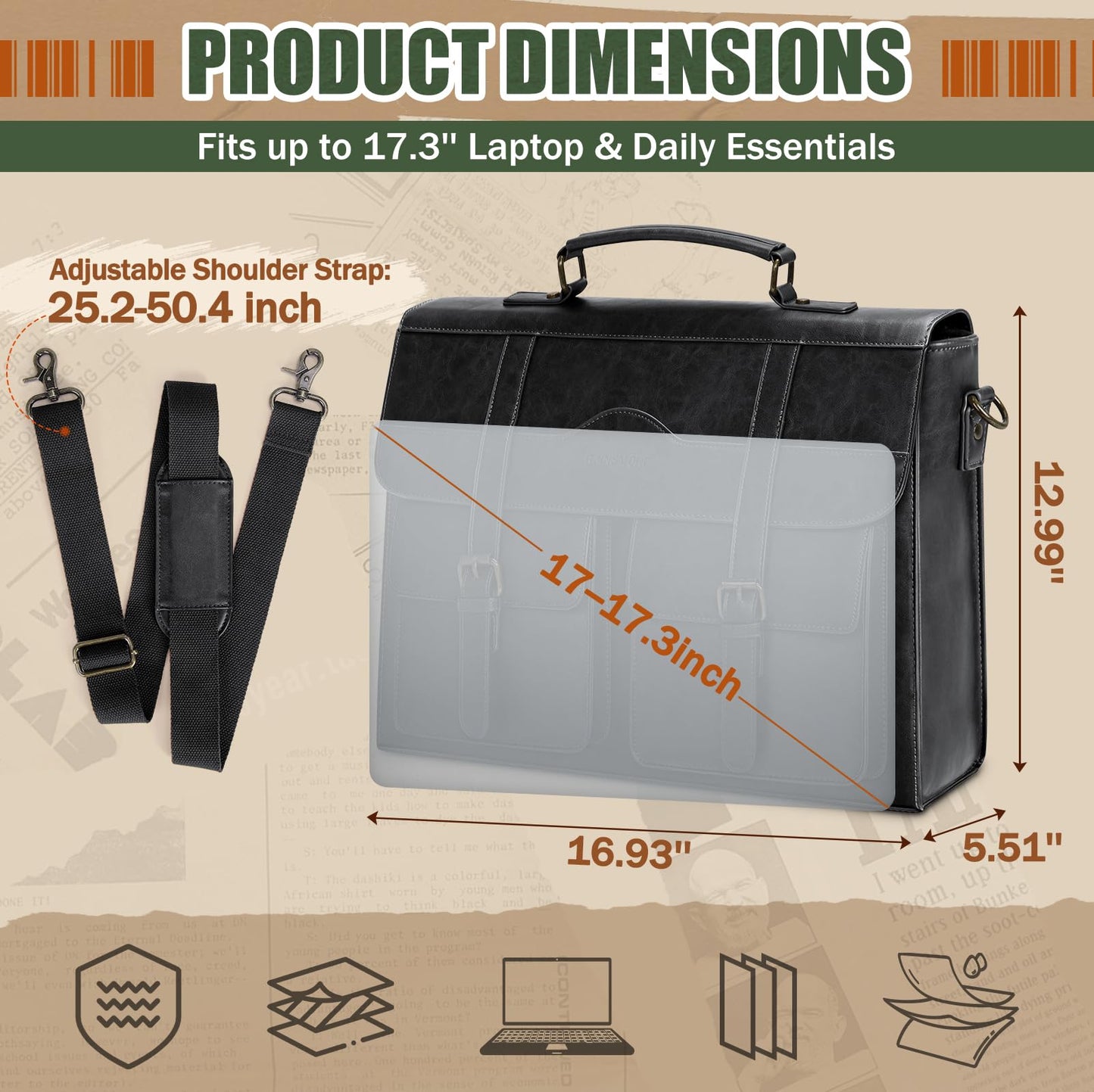 RAINSMORE Mens Messenger Bag 17 Inch Vintage Leather Laptop Briefcase Magnetic Closure Large Satchel Computer Shoulder Bag for Office Travel College, Black