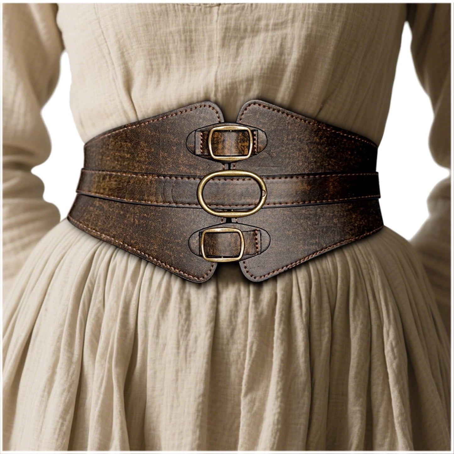 L'VOW Women's Viking Leather Corset Belt - Renaissance Cinch Belt for Halloween Medieval(Brown-2,XXL)