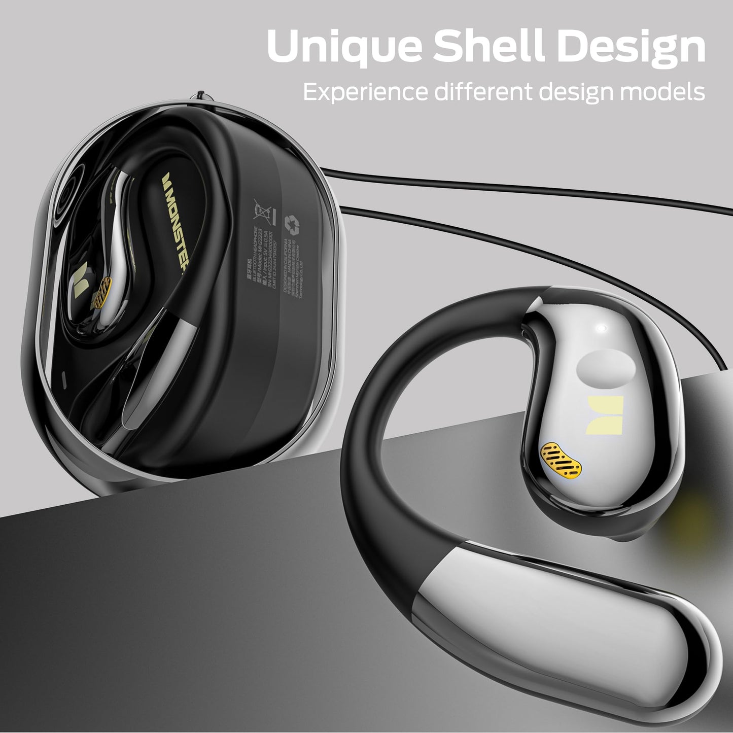 Monster Open Ear AC360, Wireless Bluetooth Rotary Earphone, with Lanyard, Upgraded Bluetooth 6.0, Touch Control, 24h Long Battery Life, IPX5 Waterproof,Long-Lasting Wear Without Fatigue（Black）