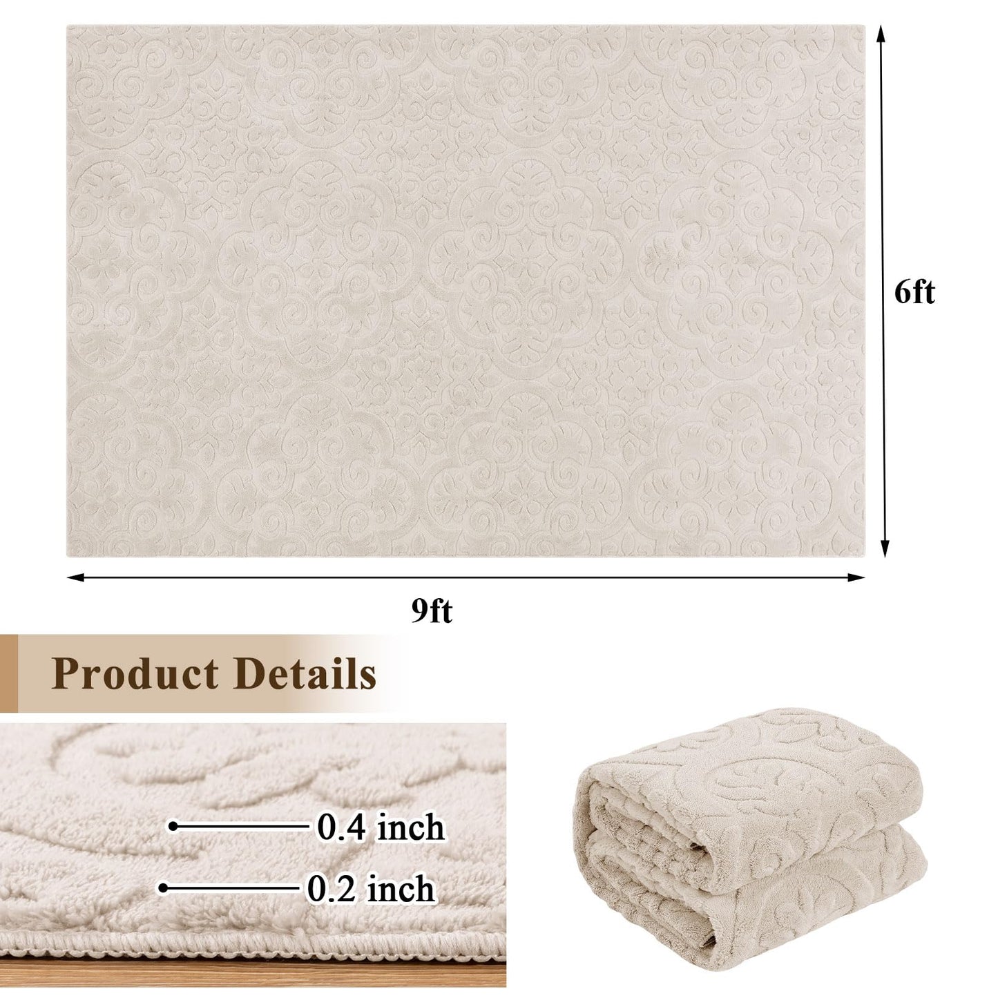 U'Artlines 6x9ft Washable Area Rug for Living Room, Neutral Beige Modern High-Low Pile Rug for Bedroom, Non Slip Soft Cozy Fluffy Large Floor Carpet for Dining Area, Kids Nursery Room