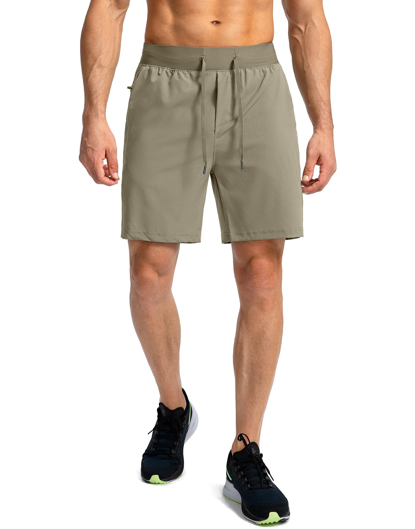 Soothfeel Men's Running Shorts with Zipper Pockets 7 Inch Lightweight Quick Dry Gym Athletic Workout Shorts for Men (Dusty Khaki, 3XL)