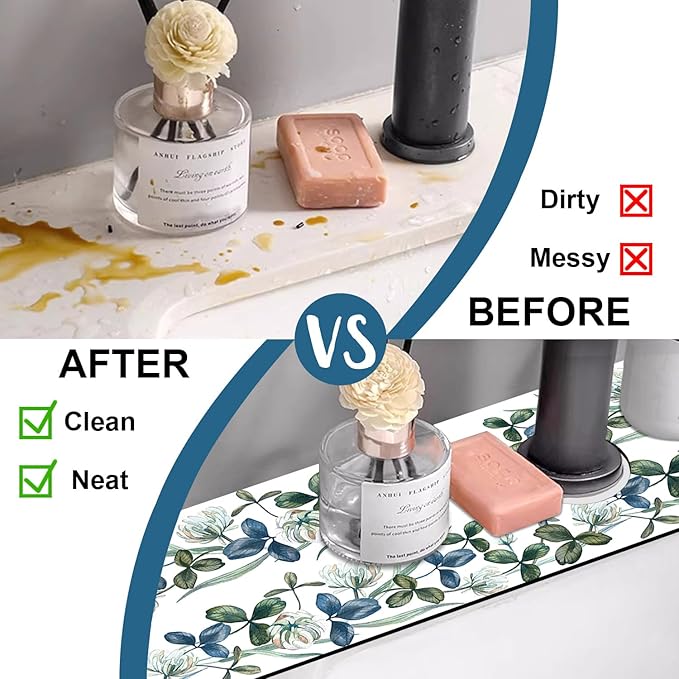 Watercolor Garland Flower Kitchen Sink Splash Guard Faucet Mat Clover Leaves