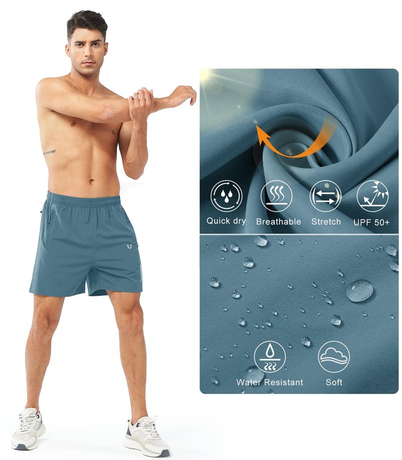 NORTHYARD Men's Athletic Running Shorts Gym Workout 7"/9"/5" Quick Dry Lightweight Sports Basketball Tennis 3 Zipper Pockets GREYBLUE-5inch L