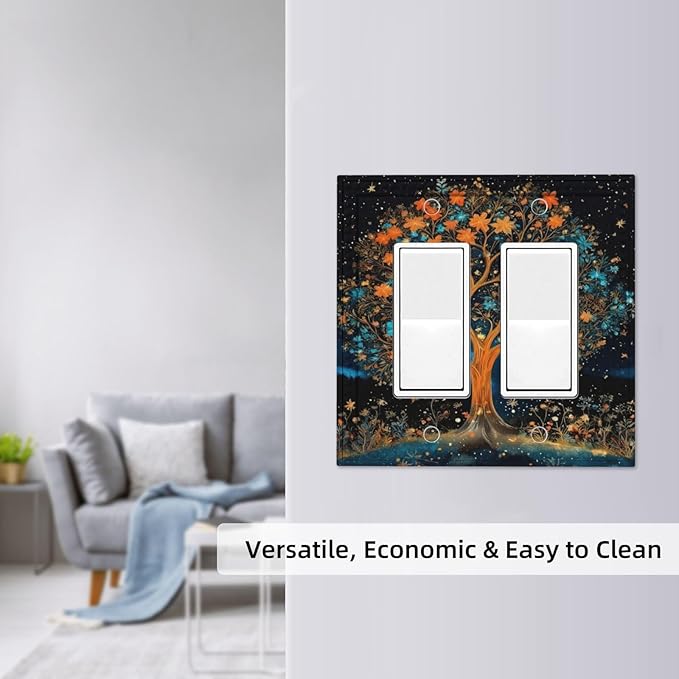Magical Life Tree in Night Sky Dual Outlet Covers Wall Plate 2 Gang Rocker Decora Decorative Switchplate Electrical Faceplate GFCI Light Switch Covers for Farmhouse Living Decor