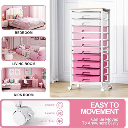 SYKIARIOL Rolling Cart with Drawers,10 Drawer Rolling Cart,Storage Cart,Utility Cart,Teacher Cart for Classroom Storage,Craft Cart with Wheels and Wooden Tabletop,Pink