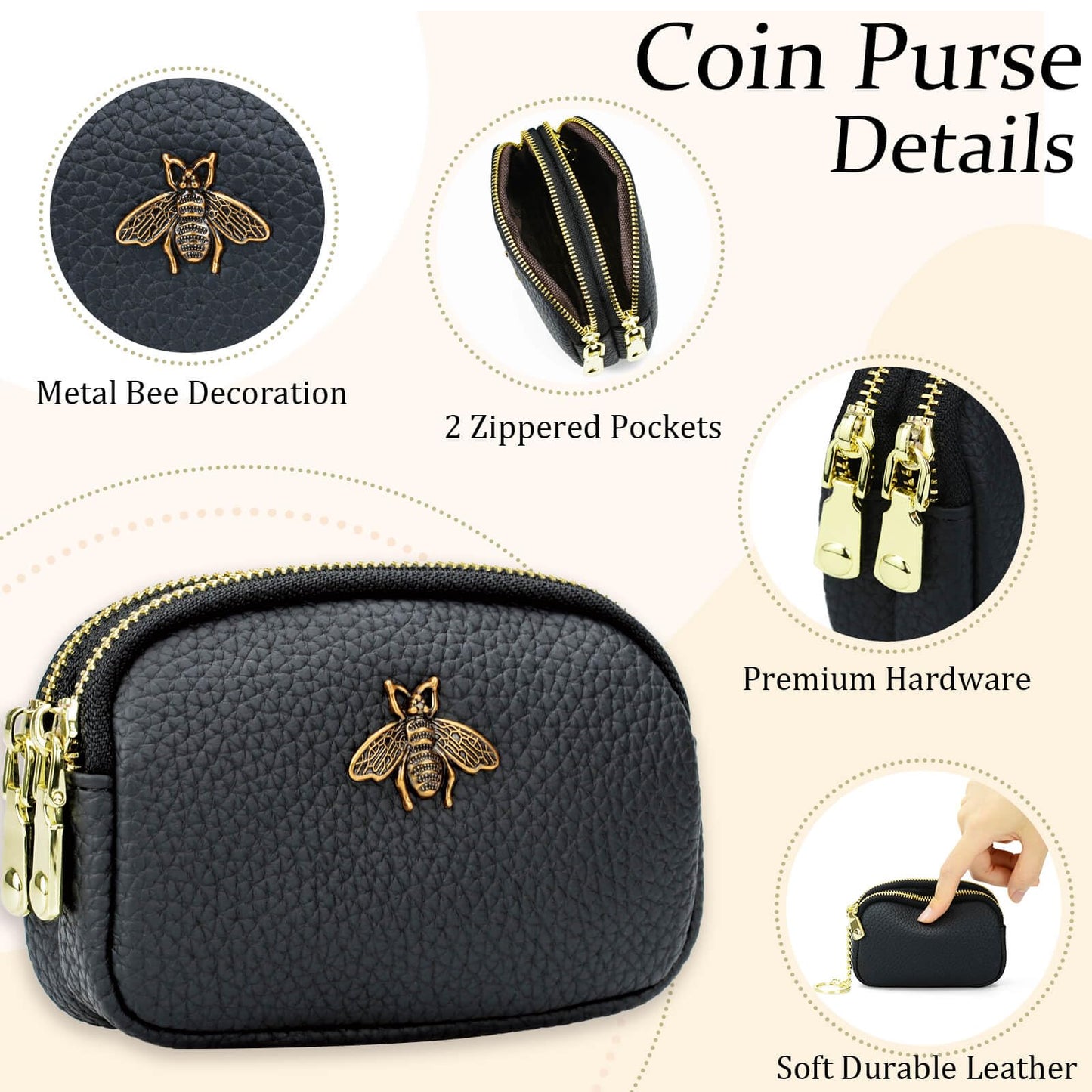 WOZEAH Leather Coin Purse for Women Small 2 Zipper Change Wallet with Key Ring Card Key Coin Cash Holder Pouch(Black)