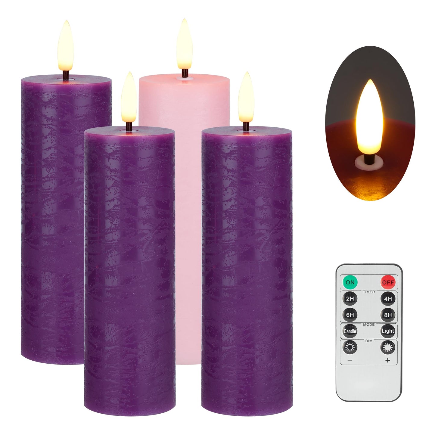 AFINETH Flameless Advent Candles Set of 4, Real Wax Advent Pillar Candles Battery Operated 9.6", Purple and Pink Christmas LED Candle for Wreath, Christ, Home, Church, Catholic Decoration