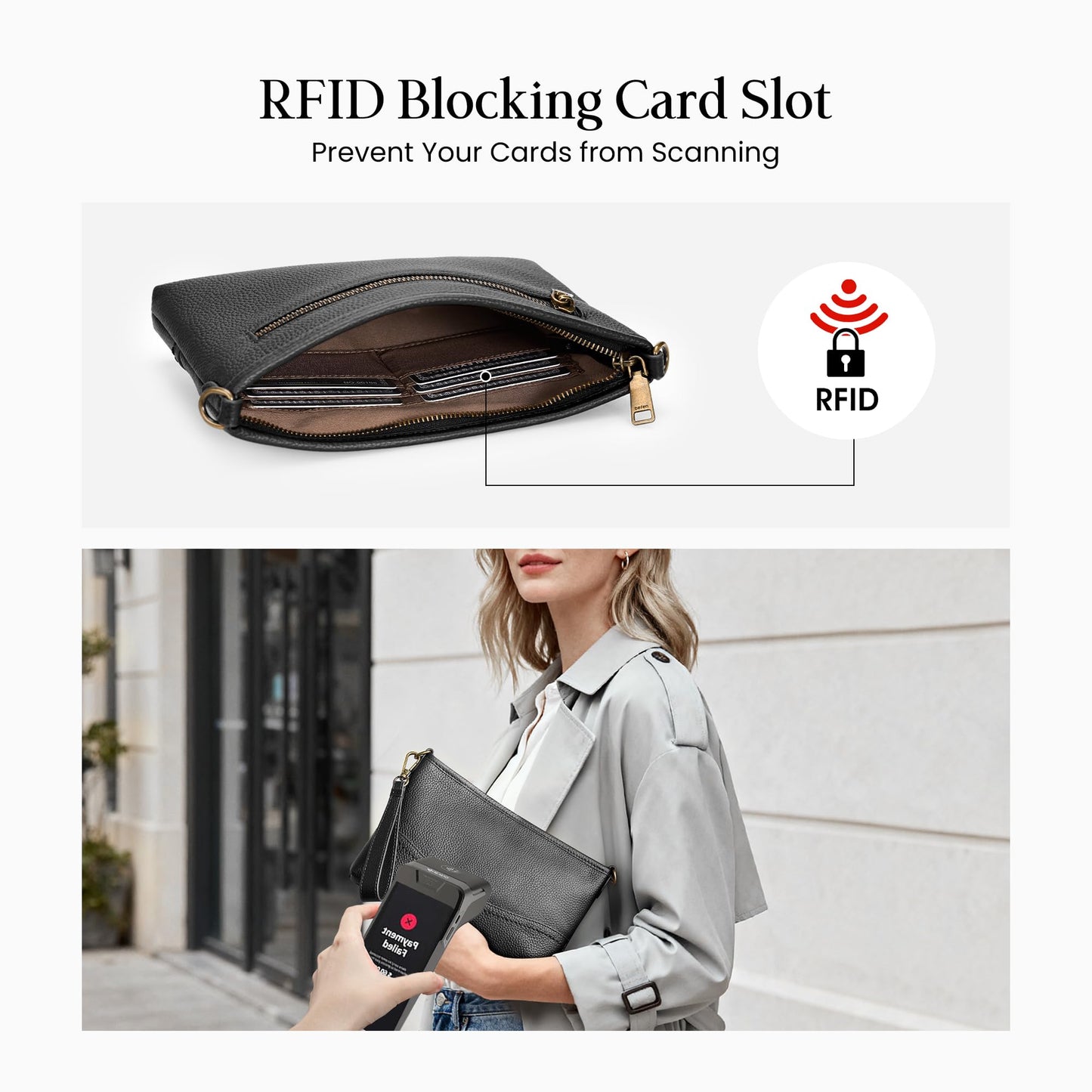 befen Genuine Leather Wristlet Wallets for Women Black Clutch Purse RFID Blocking Small Crossbody Bags Cell Phone Wallet Soft Leather Purse for Travel Women Shoulder Handbag with 2 Removable Straps