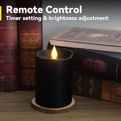 Black Flameless LED Candles - 3" x 4" Real Wax, Battery Operated with Remote Timer, 3D Flickering, Lasts 600+ Hours, Halloween & Christmas Deco (Black, 3"*4"-1pcs)