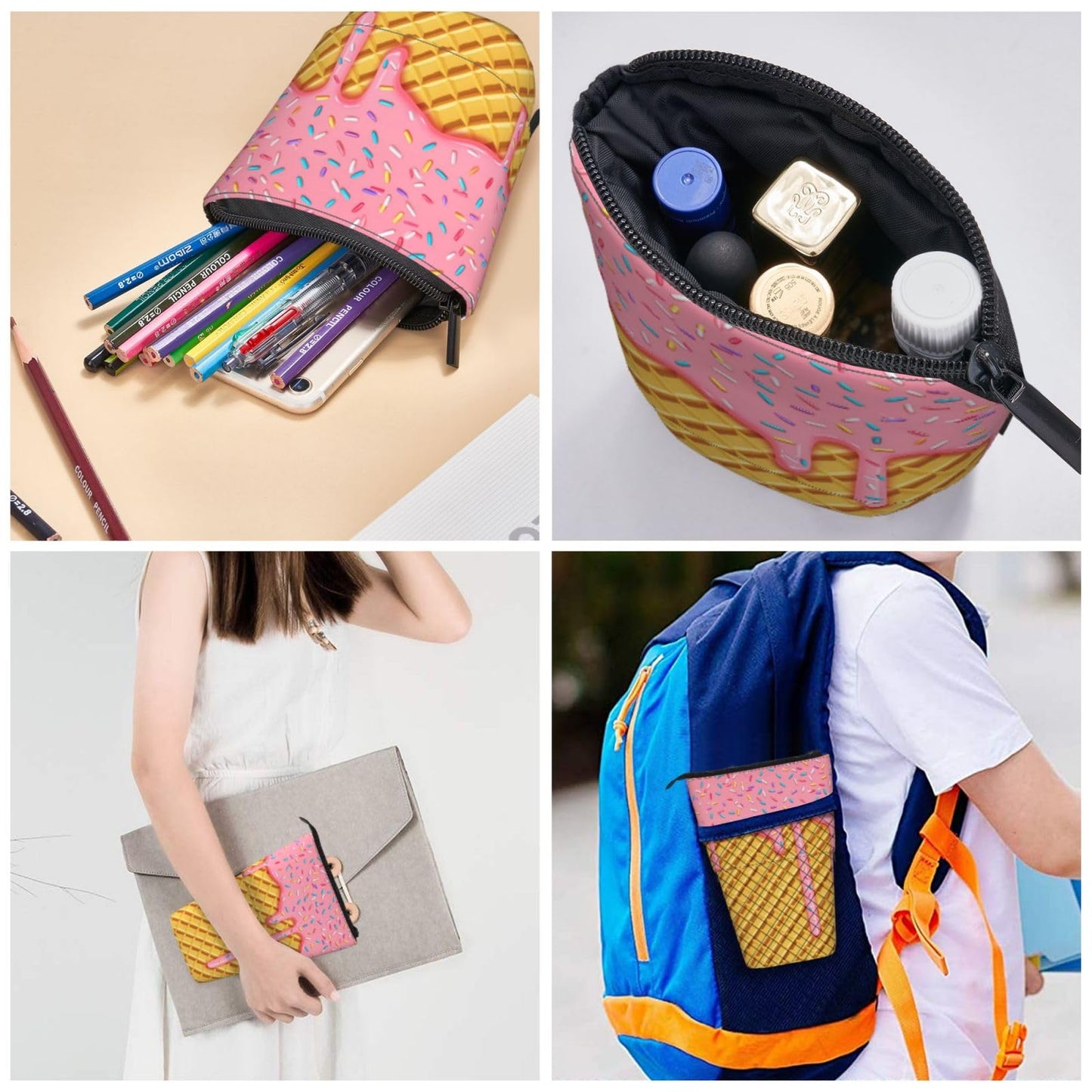 Tezmd Ice Cream Kids Standing Pencil Case Girls Boys Telescopic Stationary Pouch with Zipper Large Capacity Stand up Pen Bag Portable Makeup Holder for Children School Students Office Supplies